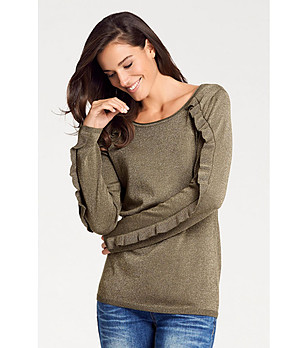 Дамски пуловер с къдрички при ръкавите Cammie в цвят маслина снимка