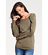 Дамски пуловер с къдрички при ръкавите Cammie в цвят маслина-0 снимка