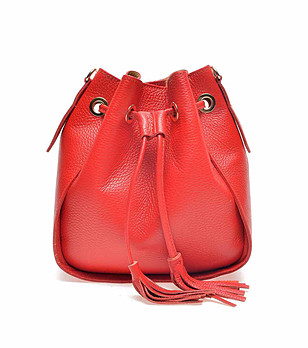 Червена дамска кожена чанта с пискюли Zaira снимка