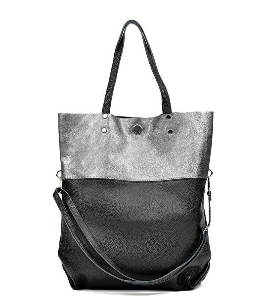 Дамска кожена чанта в черно и сребристо Sila снимка