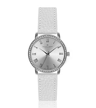 Сребрист дамски часовник с бяла кожена каишка Ruinette снимка