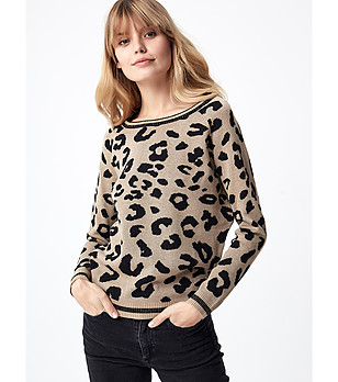 Бежов дамски пуловер с леопардов принт Lexy снимка