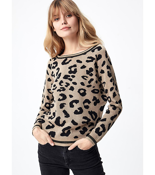 Бежов дамски пуловер с леопардов принт Lexy снимка