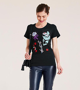 Черна дамска памучна тениска с бродерии Gia снимка
