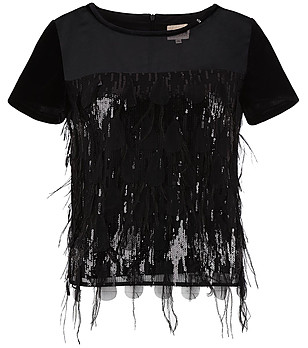 Ефектна черна дамска блуза с пайети и пера снимка