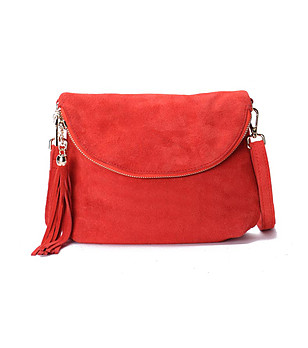 Червена дамска велурена чанта за рамо снимка