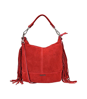 Червена дамска велурена чанта с ресни Larissa снимка