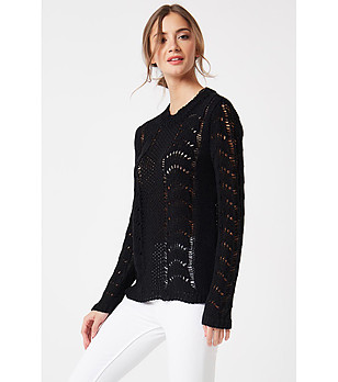 Черен дамски пуловер с ажурена плетка Tiara снимка
