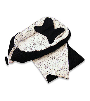Бебешки комплект от пашкул, одеяло и възглавничка в черно и екрю с принт Панди снимка