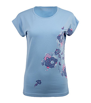 Синя дамска памучна тениска с флорални мотиви Popa снимка