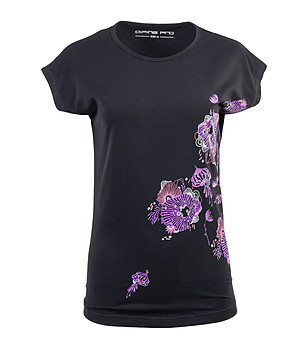Черна дамска памучна тениска с флорални мотиви Popa снимка