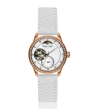 Златист автоматичен дамски часовник скелетон с бяла каишка Mona снимка