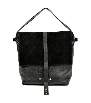 Дамска черна кожена чанта с велурен капак Elina снимка