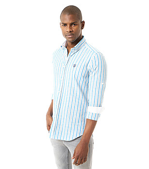 Мъжка риза от лен и памук в бяло и синьо Andres снимка