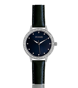 Сребрист дамски часовник с кристали и кожена каишка в черно Tiffany снимка
