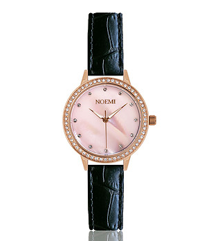 Дамски розовозлатист часовник с черна кожена каишка с релеф Tiffany снимка
