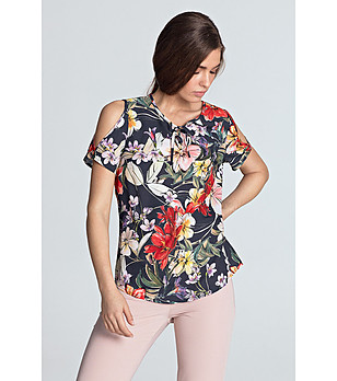 Тъмносиня дамска блуза с флорален принт Siana снимка
