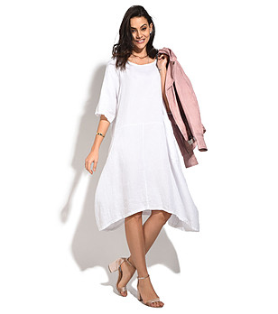 Асиметрична бяла ленена рокля с джобове Sanoma снимка
