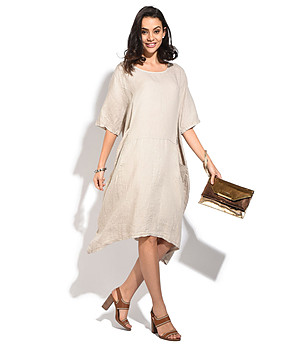 Асиметрична бежова ленена рокля с джобове Sanoma снимка