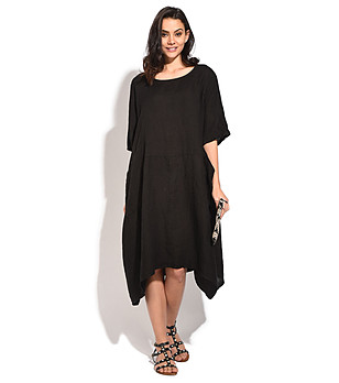 Асиметрична черна ленена рокля с джобове Sanoma снимка