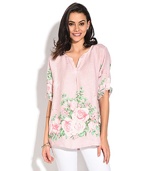 Розова ленена дамска блуза с флорален принт Blasa снимка