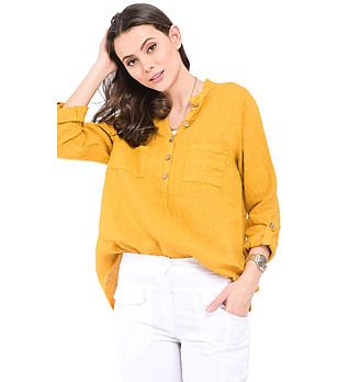Ленена дамска блуза в цвят охра с джобове Derica снимка