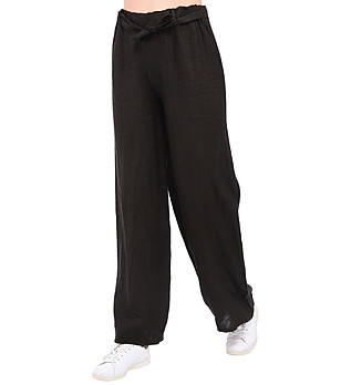 Черен ленен дамски панталон с еластична талия Tera снимка
