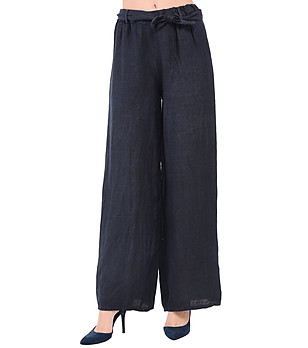 Тъмносин ленен дамски панталон с еластична талия Tera снимка