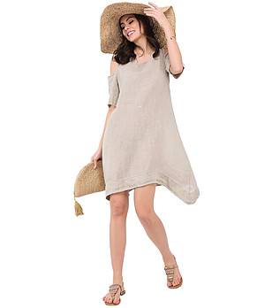 Бежова асиметрична ленена рокля с изрязани рамене Elrica снимка