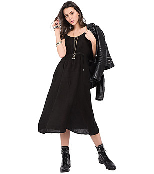 Черна ленена рокля с набори при талията Zita снимка
