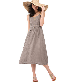 Ленена рокля с набори при талията Zita в цвят таупе снимка