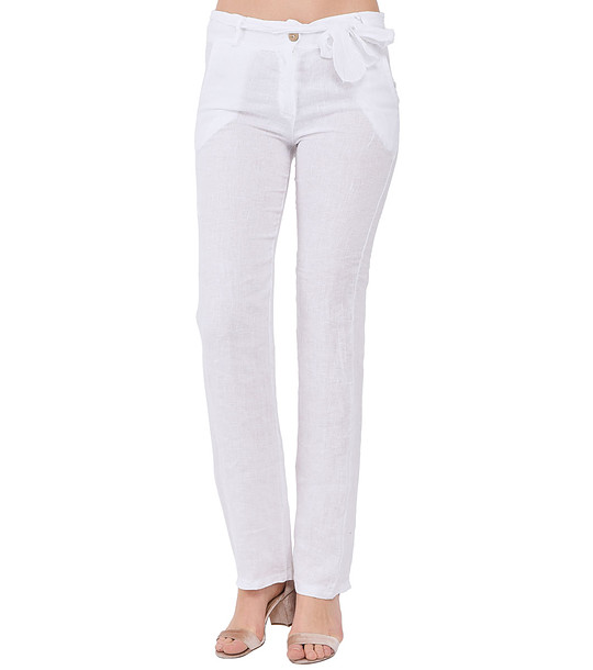 Бял ленен дамски панталон с колан Lexy снимка