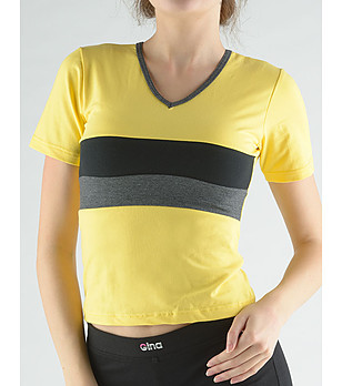 Дамска памучна жълта тениска с контрастни кантове Ira снимка