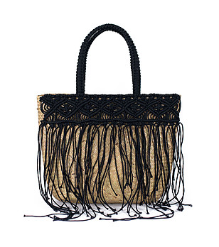 Дамска чанта в бежово и черно с естествени влакна и памук Eli снимка