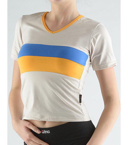 Памучна дамска тениска в бежово с контрастни кантове Ira снимка