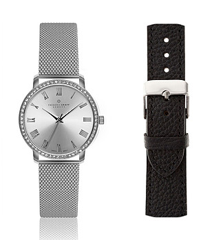 Дамски часовник със сребриста верижка и черна каишка  снимка