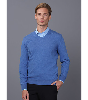 Памучен мъжки пуловер в син меланж Liciano снимка