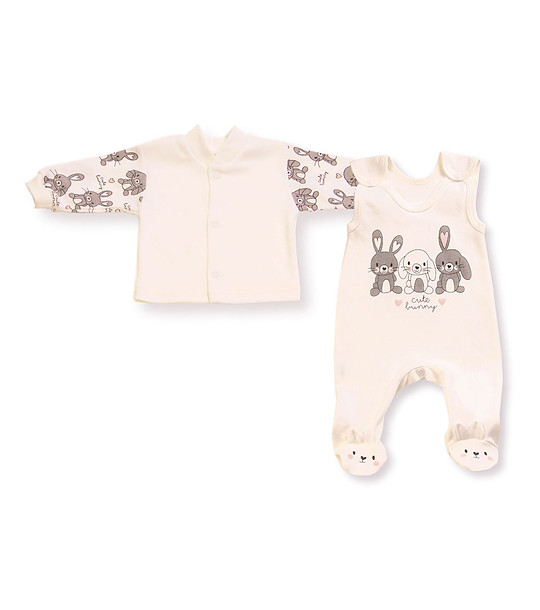 Бебешки памучен комплект от блуза и гащеризон в цвят екрю Cute bunny снимка