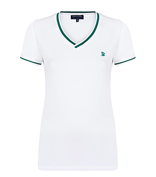 Бяла памучна дамска тениска със зелени кантове Melinda снимка