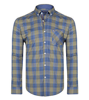 Карирана памучна мъжка риза в синьо и цвят каки Brant снимка