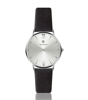 Дамски часовник в черно и сребристо с кожена каишка Rori снимка