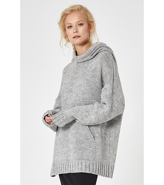 Сив дамски пуловер от мохер и вълна с качулка Fiorella снимка
