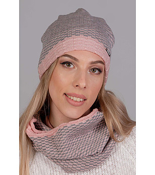 Дамски комплект от шапка и шал в розово и сиво Jana снимка
