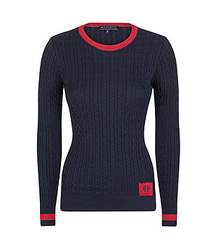 Тъмносин дамски памучен пуловер с червени кантове Dita снимка