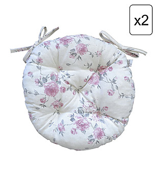 Комплект от две кръгли памучни възглавници Bella в цвят крем и розово на цветя снимка