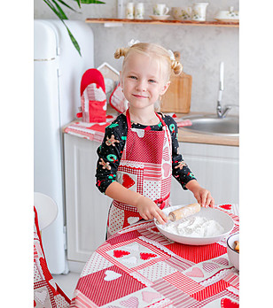 Детска памучна престилка за готвене в червено и цвят крем със сърца Heart снимка
