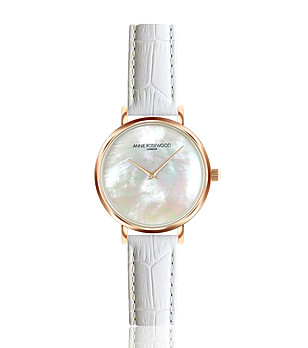 Розовoзлатист дамски часовник с бяла каишка с релеф Mia снимка