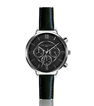 Дамски часовник в черно и сребристо с кожена каишка Venus снимка