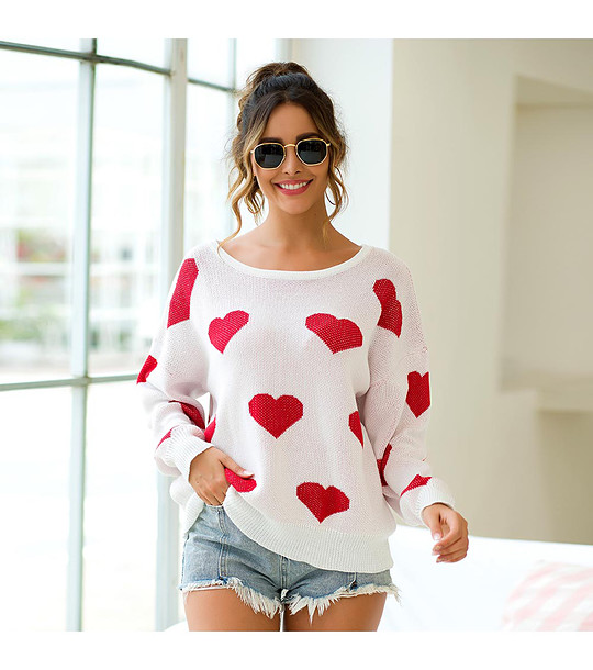 Бял дамски пуловер на червени сърца Irosa снимка