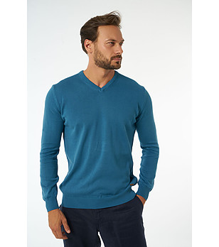 Памучен мъжки пуловер в цвят петрол Zolia снимка